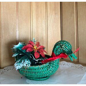Handcrafted Woven Green Duck Basket Poinsettia Festive Vintage Holiday Decor